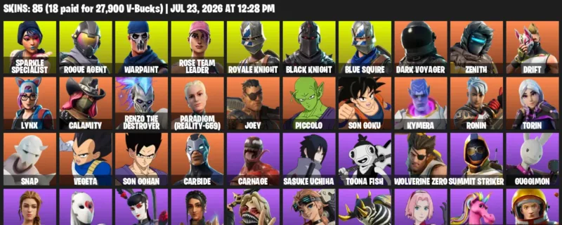 Fortnite Accounts listing: LVL 786 - Sparkle Specialist - Rogue Agent - 85 Outfits - 85 outfits