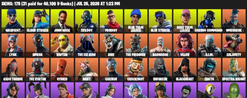 Fortnite Accounts listing: LVL 1994 - Warpaint - Cloud Striker - 175 Outfits - 175 outfits