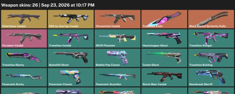 Valorant account inventory for LVL 154 · Transition Knife & Elderflame Vandal