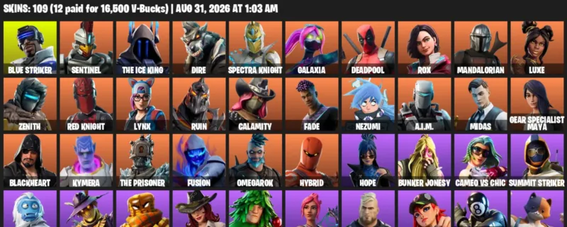 Fortnite account inventory for LVL 1376 - Blue Striker - Sentinel - 109 Outfits