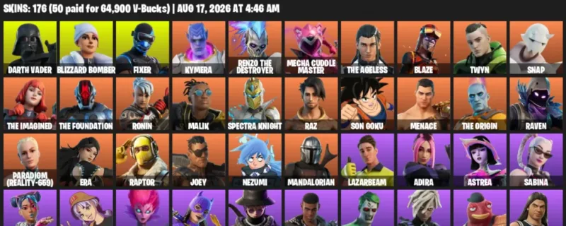 Fortnite account inventory for LVL 1559 - Darth Vader - Blizzard Bomber - 176 Outfits