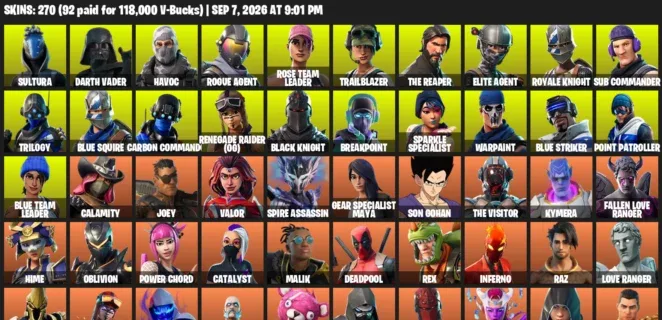 Fortnite account inventory for LVL 2441 - Sultura - Darth Vader - 270 Outfits