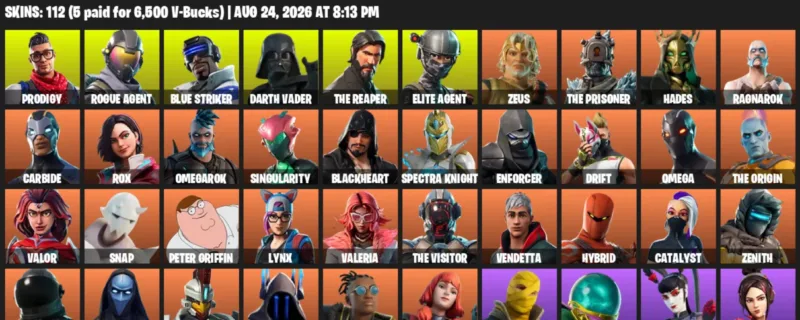 Fortnite account inventory for LVL 1484 - Prodigy - Rogue Agent - 112 Outfits