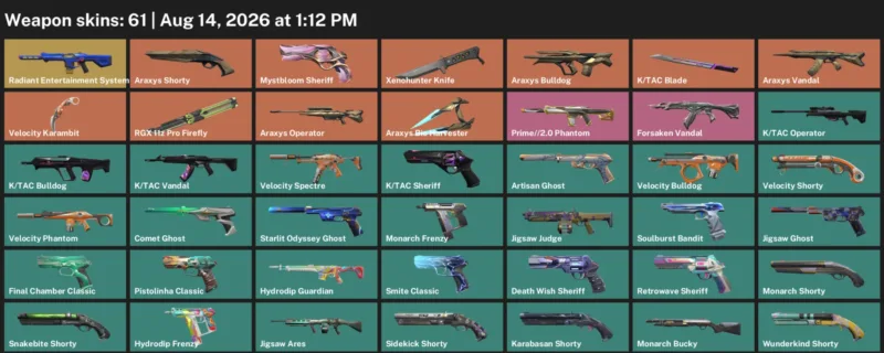 Valorant account inventory for LVL 340 · Xenohunter Knife & Tac Blade & Velocity Karambit