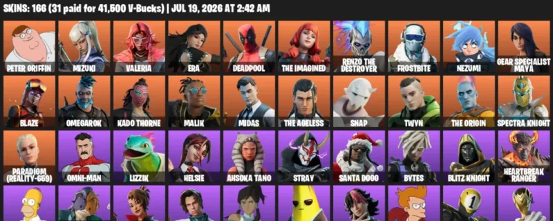 Fortnite Accounts listing: LVL 1995 - Peter Griffin - Mizuki - 166 Outfits - 166 outfits