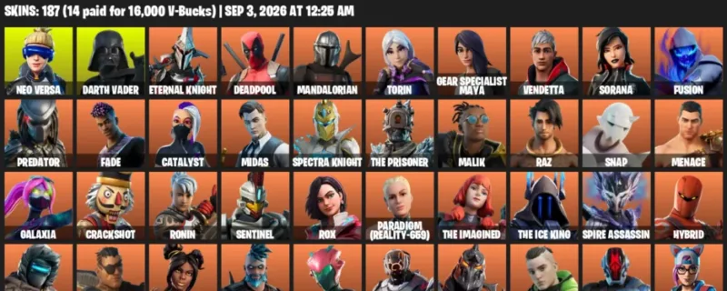 Fortnite account inventory for LVL 3143 - Neo Versa - Darth Vader - 187 Outfits
