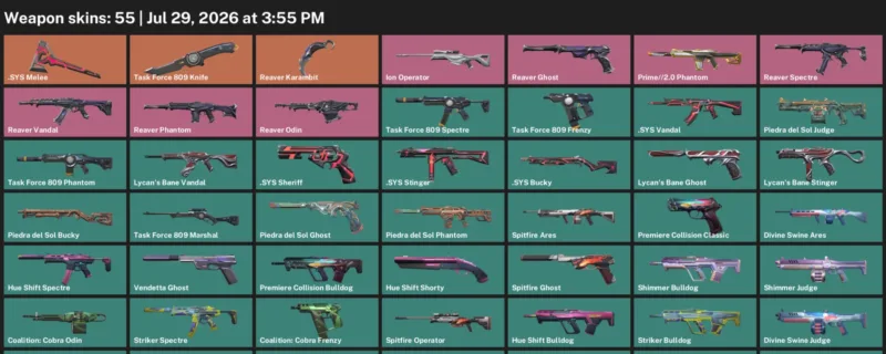 Valorant Accounts listing: LVL 97 · .SYS Melee & Reaver Karambit · 55 Skins - Silver 1, 55 skins