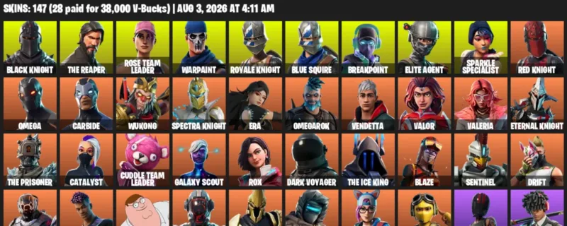 Fortnite account inventory for LVL 1558 - Black Knight - The Reaper - 147 Outfits