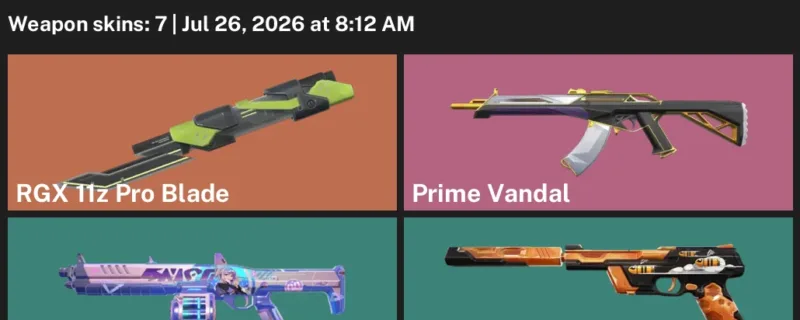 Valorant Accounts listing: LVL 26 · RGX 11z Pro Blade · 7 Skins - Unranked, 7 skins