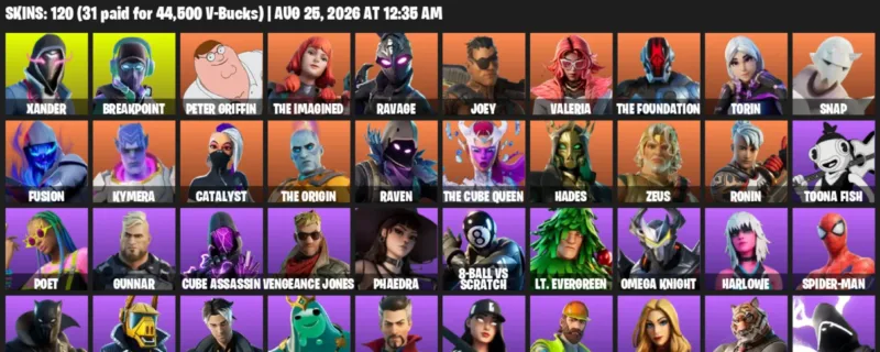 Fortnite account inventory for LVL 1755 - Xander - Breakpoint - 120 Outfits