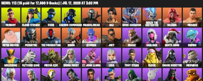 Fortnite Accounts listing: LVL 1818 - Prodigy - Cloud Striker - 113 Outfits - 113 outfits