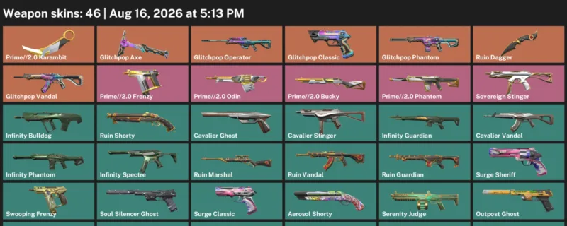 Valorant account inventory for LVL 103 · 2.0 Karambit & Ruin Dagger & 46 Skins Prime