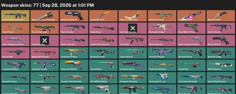 Valorant account inventory for LVL 167 · Transition Knife & 2.0 Karambit