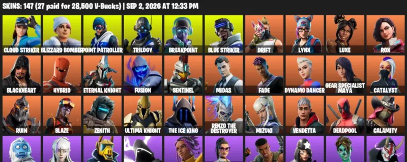 Fortnite account inventory for LVL 2258 - Cloud Striker - Blizzard Bomber - 147 Outfits