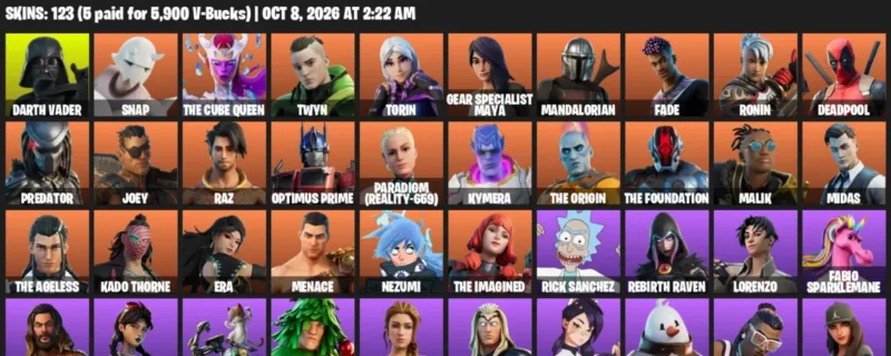 Fortnite account inventory for Darth Vader - Snap - 120 Outfits