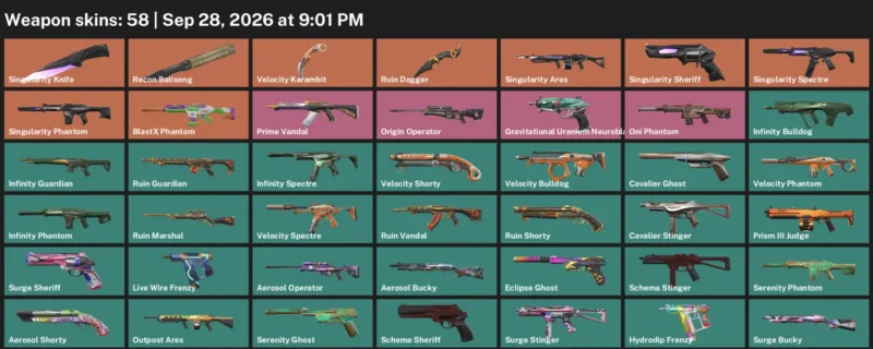 Valorant account inventory for LVL 109 · Velocity Karambit & Ruin Dagger & Singularity Knife