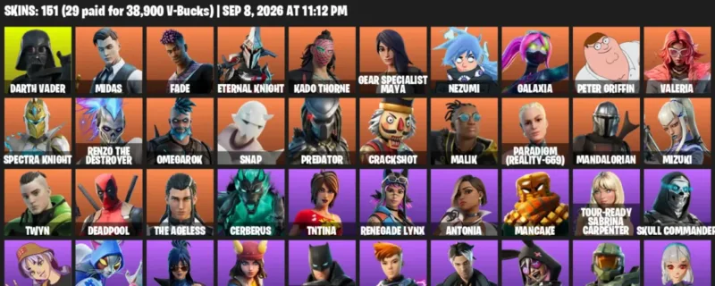Fortnite account inventory for LVL 1751 - Darth Vader - Midas - 151 Outfits