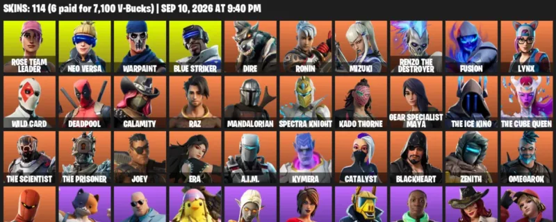 Fortnite account inventory for LVL 1634 - Rose Team Leader - Neo Versa - 114 Outfits