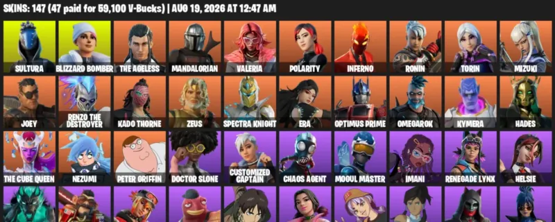 Fortnite account inventory for LVL 2520 - Sultura - Blizzard Bomber - 147 Outfits