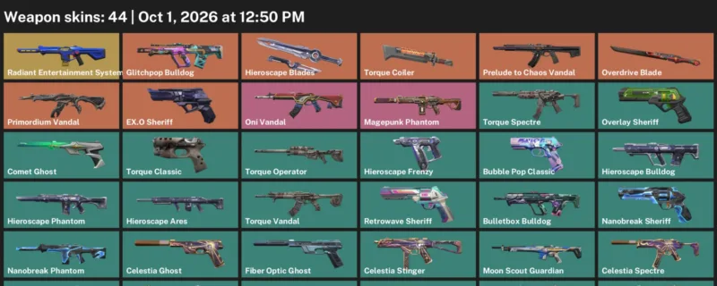 Valorant account inventory for LVL 277 · Overdrive Blade & Celestia Operator