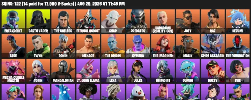 Fortnite account inventory for LVL 1797 - Breakpoint - Darth Vader - 122 Outfits