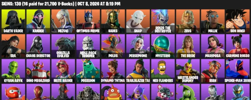 Fortnite account inventory for Darth Vader - Xander - 120 Outfits