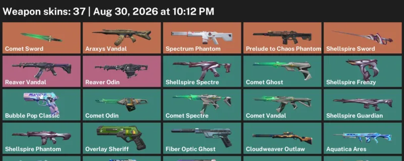 Valorant account inventory for LVL 167 · Araxys Vandal & Aquatica Ares