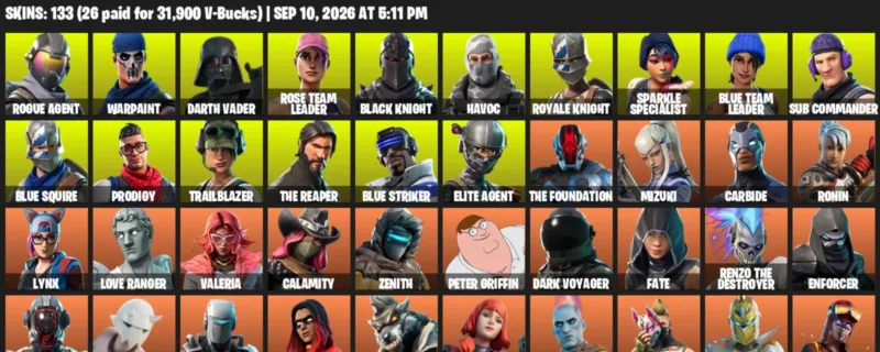 Fortnite account inventory for LVL 1949 - Rogue Agent - Warpaint - 133 Outfits