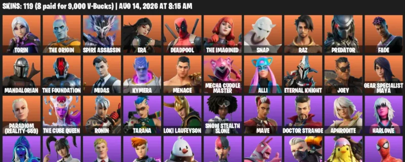 Fortnite account inventory for LVL 1367 - Torin - The Origin - 119 Outfits
