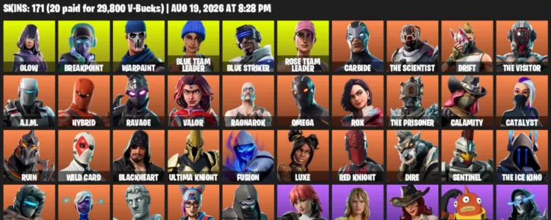 Fortnite account inventory for LVL 1125 - Glow - Breakpoint - 171 Outfits