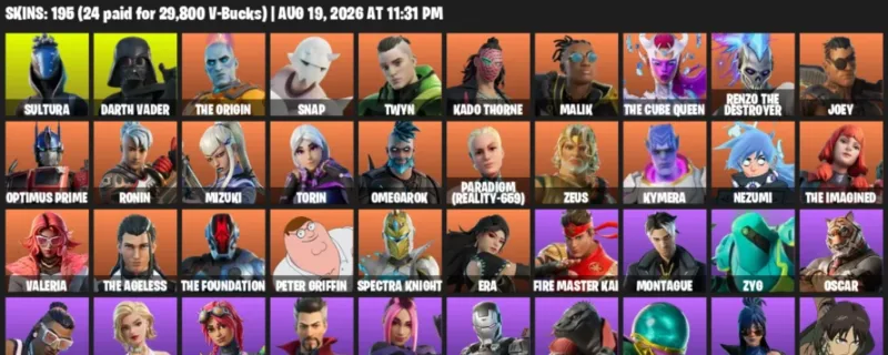 Fortnite account inventory for LVL 2522 - Sultura - Darth Vader - 195 Outfits