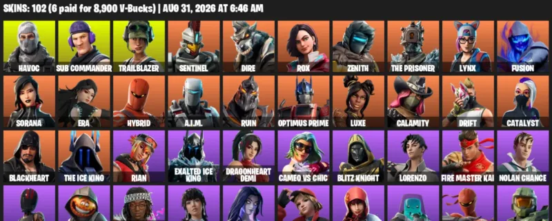 Fortnite account inventory for LVL 1145 - Havoc - Sub Commander - 102 Outfits