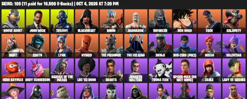 Fortnite account inventory for Rogue Agent - John Wick - 109 Outfits