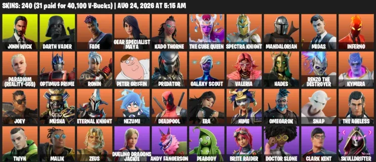 Fortnite account inventory for LVL 2847 - John Wick - Darth Vader - 240 Outfits