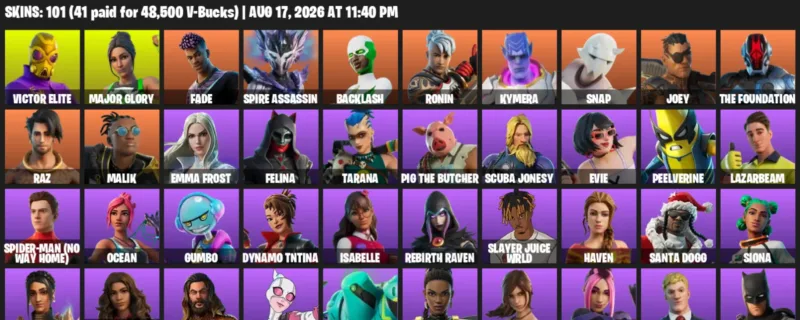 Fortnite account inventory for LVL 2296 - Victor Elite - Major Glory - 101 Outfits