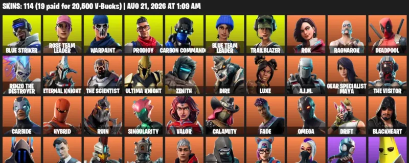 Fortnite account inventory for LVL 1039 - Blue Striker - Rose Team Leader - 114 Outfits