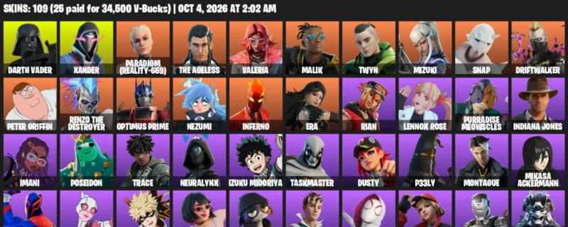 Fortnite account inventory for Darth Vader - Xander - 109 Outfits