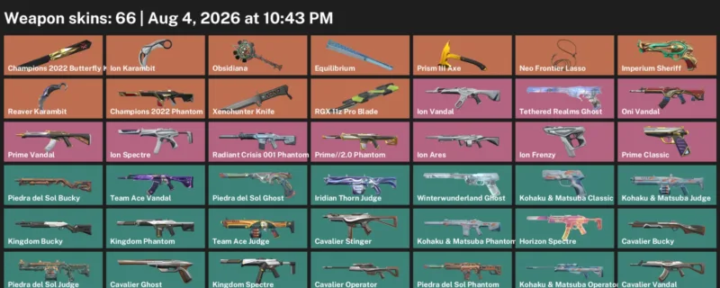 Valorant account inventory for LVL 94 · 66 Skins Champions 2022 Butterfly Knife & Reaver Karambit