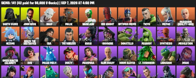 Fortnite account inventory for LVL 1550 - Darth Vader - John Wick - 141 Outfits