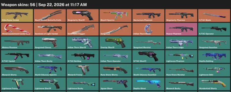 Valorant account inventory for LVL 155 · Elderflame Dagger & Tac Blade