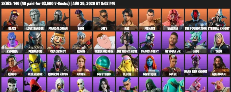 Fortnite account inventory for LVL 2603 - Blaze - Love Ranger - 146 Outfits