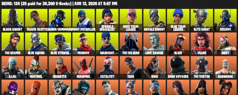 Fortnite account inventory for LVL 1765 - Black Knight - Travis Scott - 124 Outfits