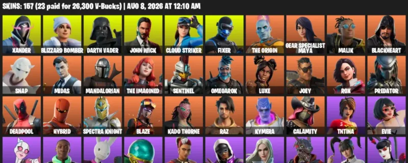Fortnite account inventory for LVL 2567 - Xander - Blizzard Bomber - 157 Outfits