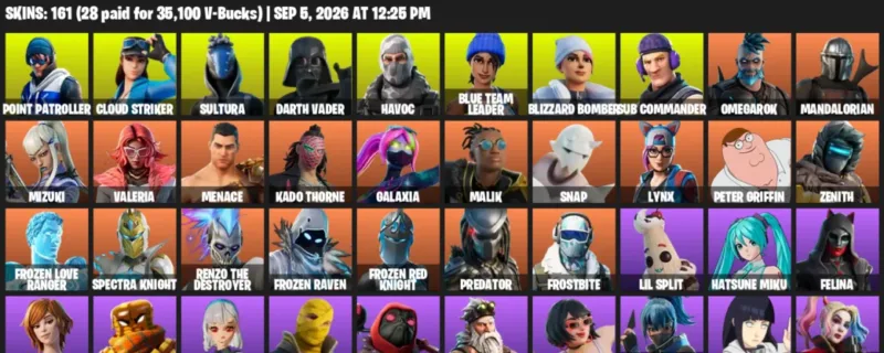 Fortnite account inventory for LVL 2905 - Point Patroller - Cloud Striker - 161 Outfits