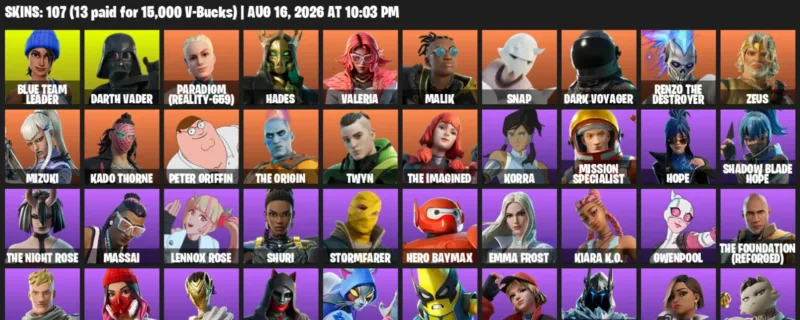 Fortnite account inventory for LVL 1392 - Blue Team Leader - Darth Vader - 107 Outfits