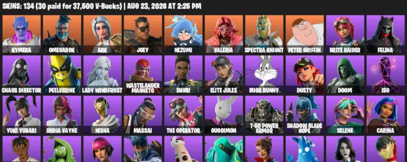 Fortnite account inventory for LVL 2024 - Kymera - Omegarok - 134 Outfits