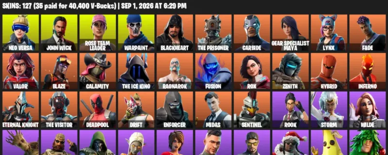 Fortnite account inventory for LVL 1749 - Neo Versa - John Wick - 127 Outfits
