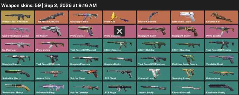 Valorant account inventory for LVL 151 · Celestial Fan & Reaver Karambit & Task Force 809 Knife