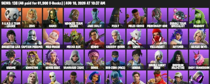 Fortnite account inventory for LVL 1018 - P.A.N.D.A Team Leader - Zeus - 138 Outfits