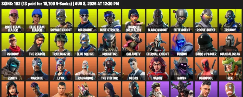 Fortnite account inventory for LVL 1432 - Rose Team Leader - Blue Team Leader - 102 Outfits